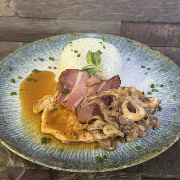 1. 120g pork slice eagle (cheese, ham, mushrooms), 180g rice (7)